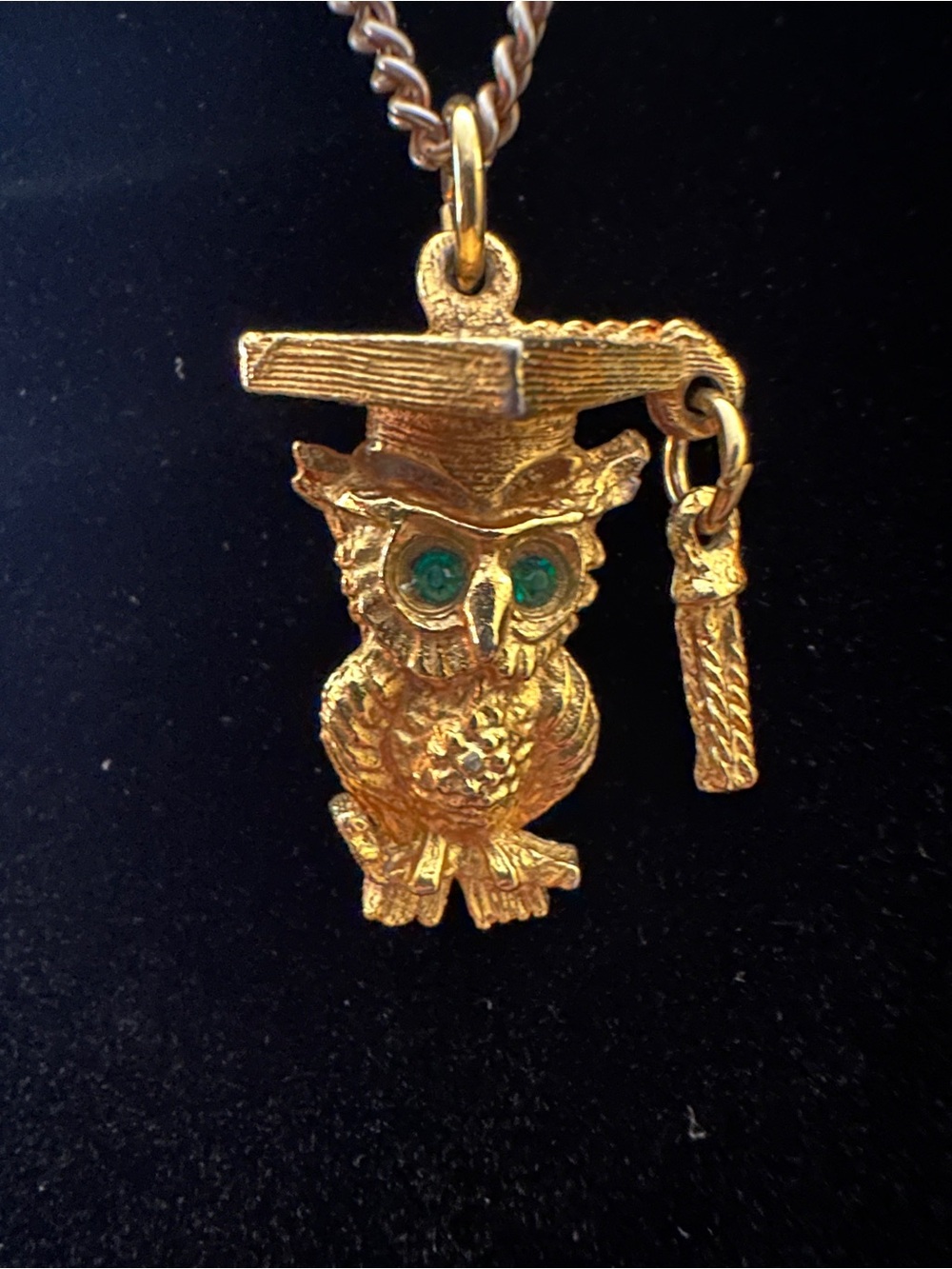 Gold Owl Graduation Cap Pendant Necklace with Green Eyes